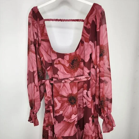 NEW Hutch Kya Long-Sleeve V-Neck Printed Tiered Wrap Maxi Dress Red Small
